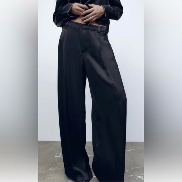 Zara black satin wide leg trouser pants with rhinestones XS NWT - Picture 2 of 10